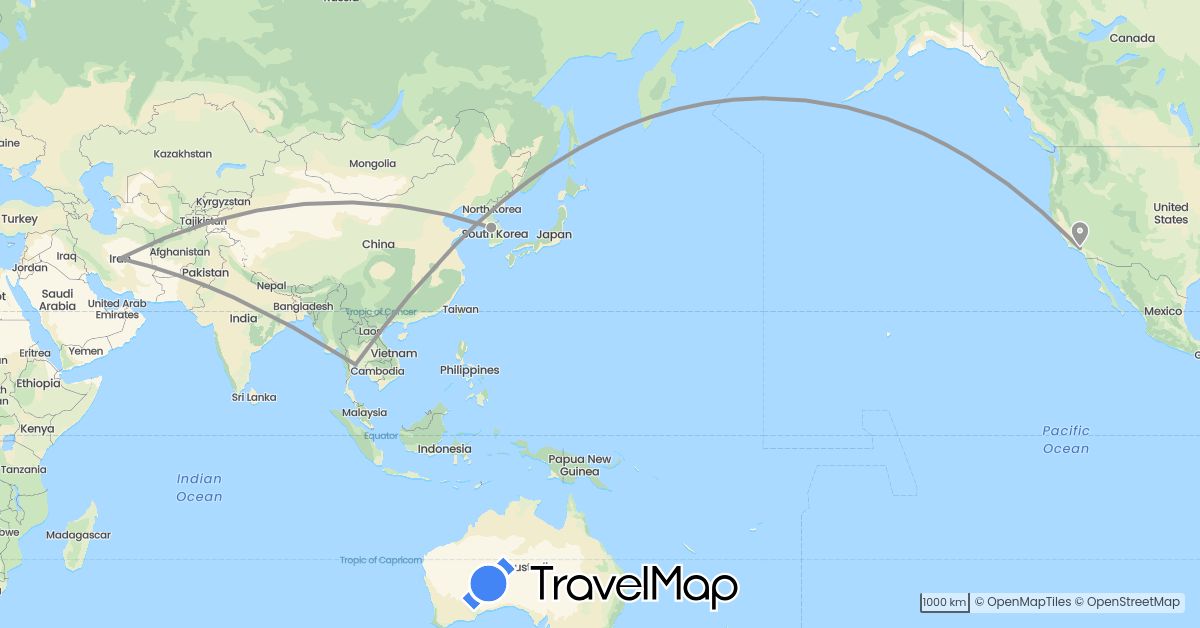 TravelMap itinerary: driving, plane in Iran, South Korea, Thailand, United States (Asia, North America)